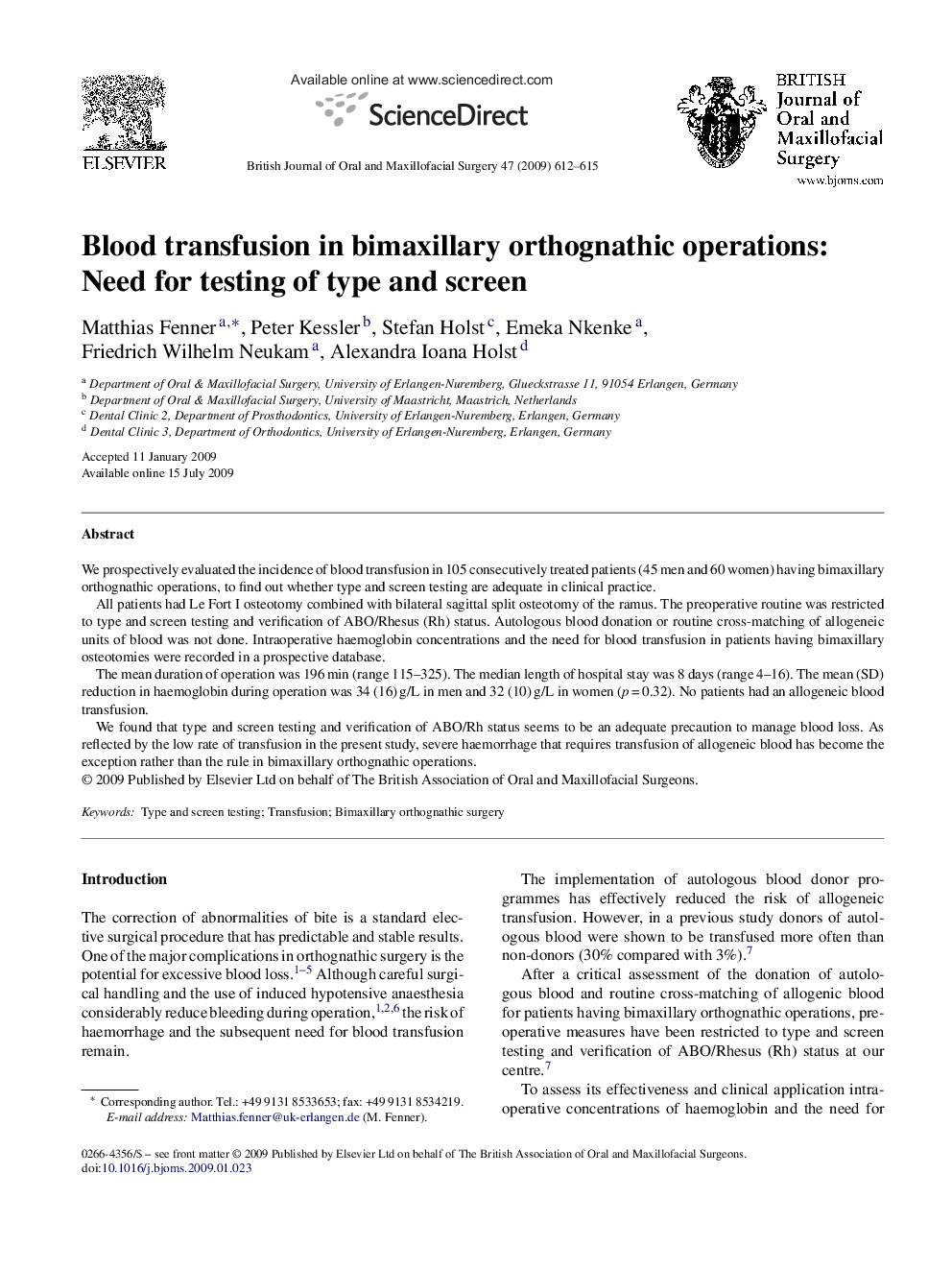 Blood transfusion in bimaxillary orthognathic operations: Need for testing of type and screen