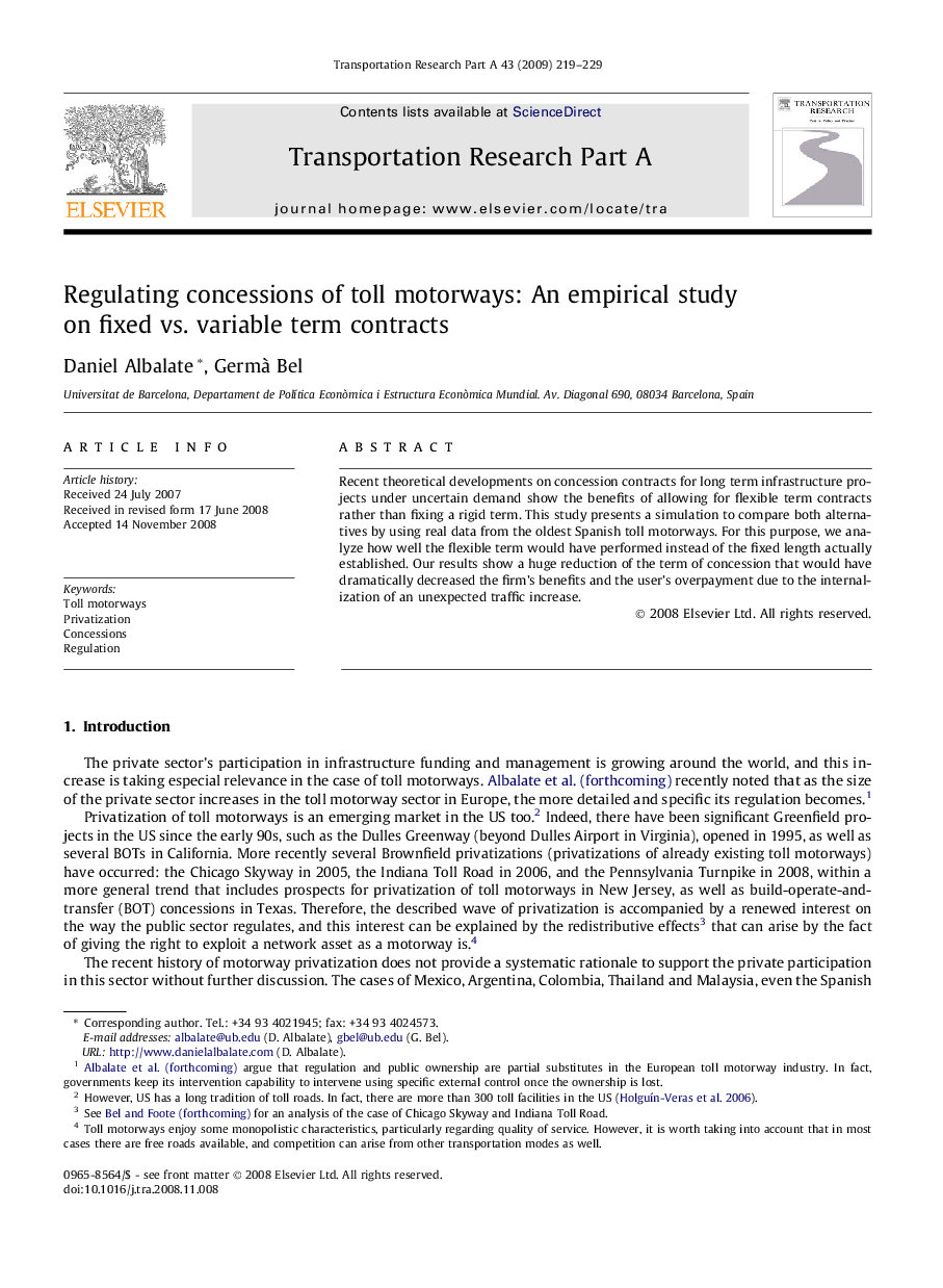 Regulating concessions of toll motorways: An empirical study on fixed vs. variable term contracts