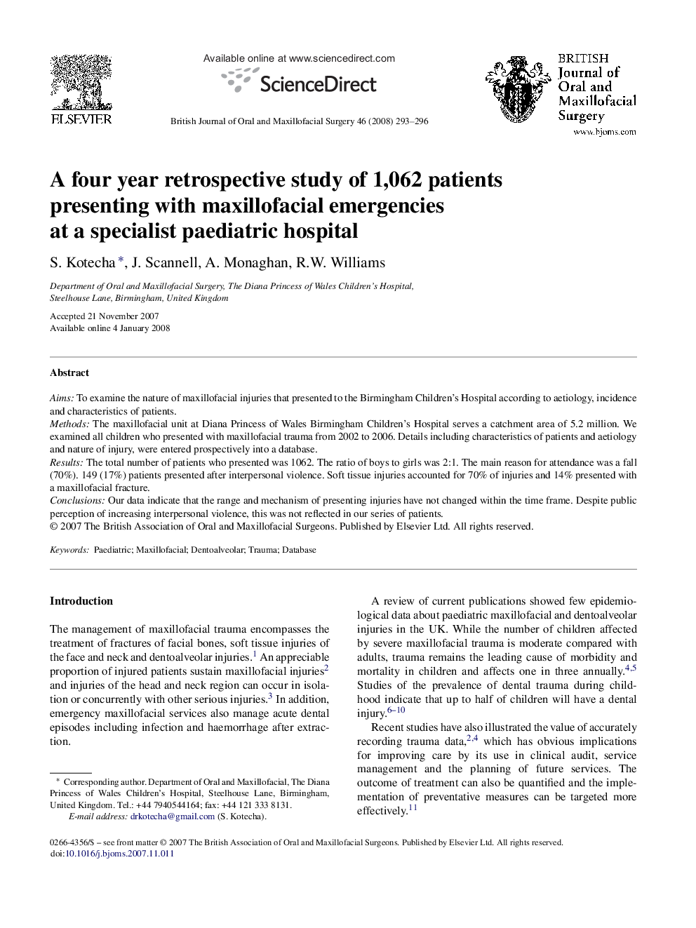 A four year retrospective study of 1,062 patients presenting with maxillofacial emergencies at a specialist paediatric hospital