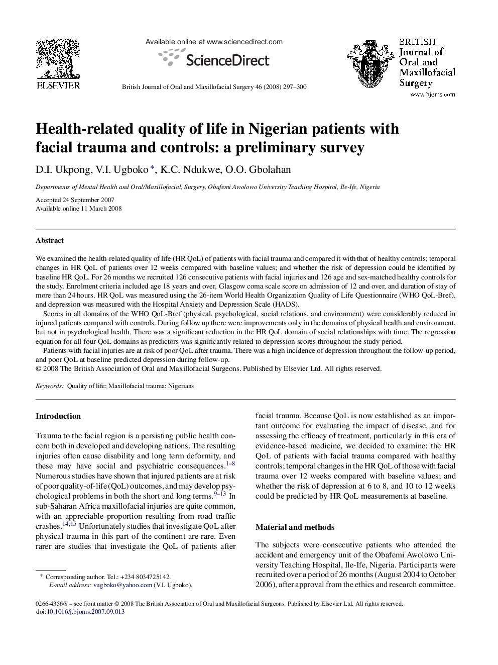 Health-related quality of life in Nigerian patients with facial trauma and controls: a preliminary survey