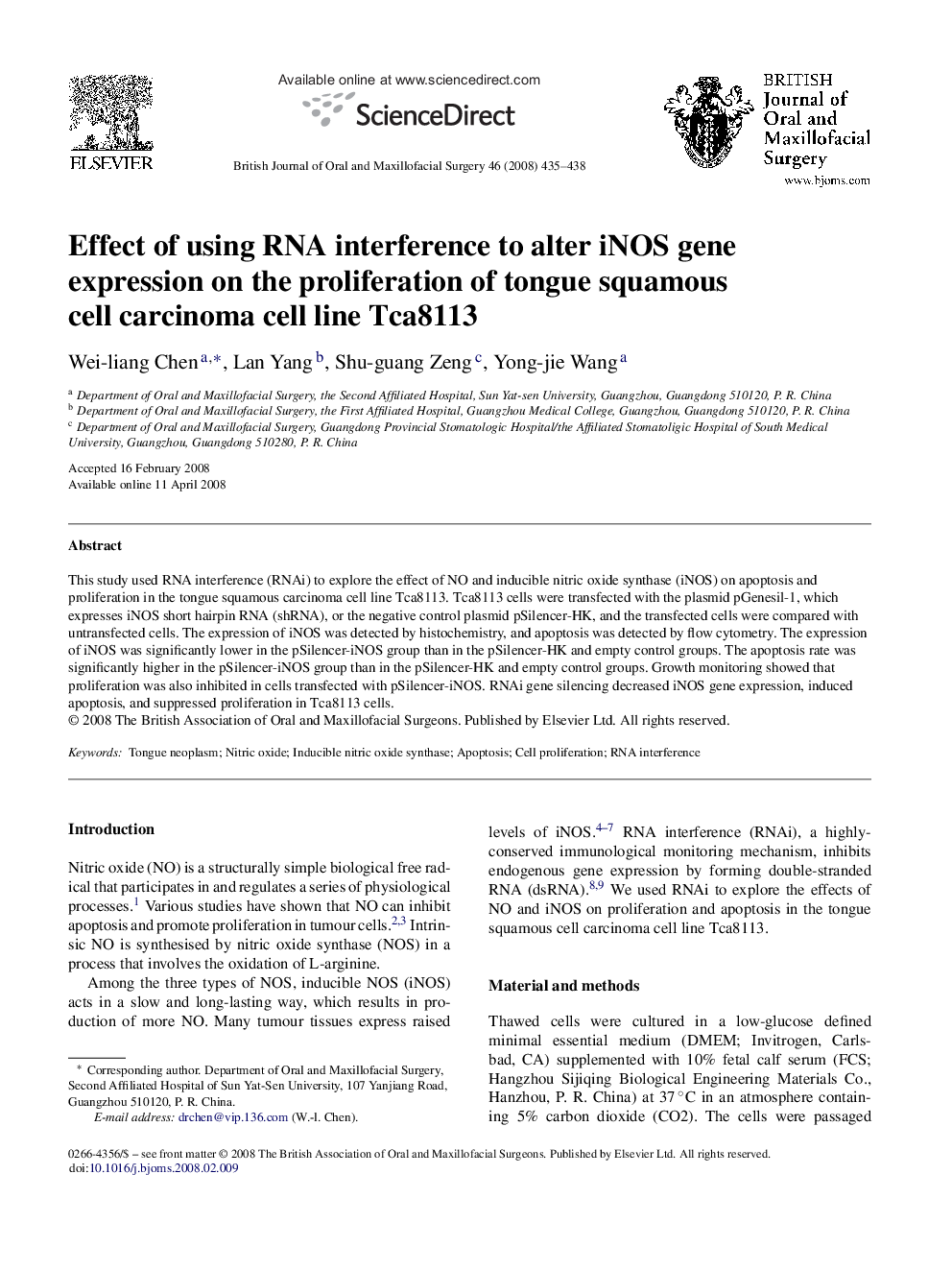 Effect of using RNA interference to alter iNOS gene expression on the proliferation of tongue squamous cell carcinoma cell line Tca8113