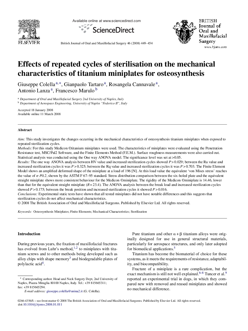 Effects of repeated cycles of sterilisation on the mechanical characteristics of titanium miniplates for osteosynthesis