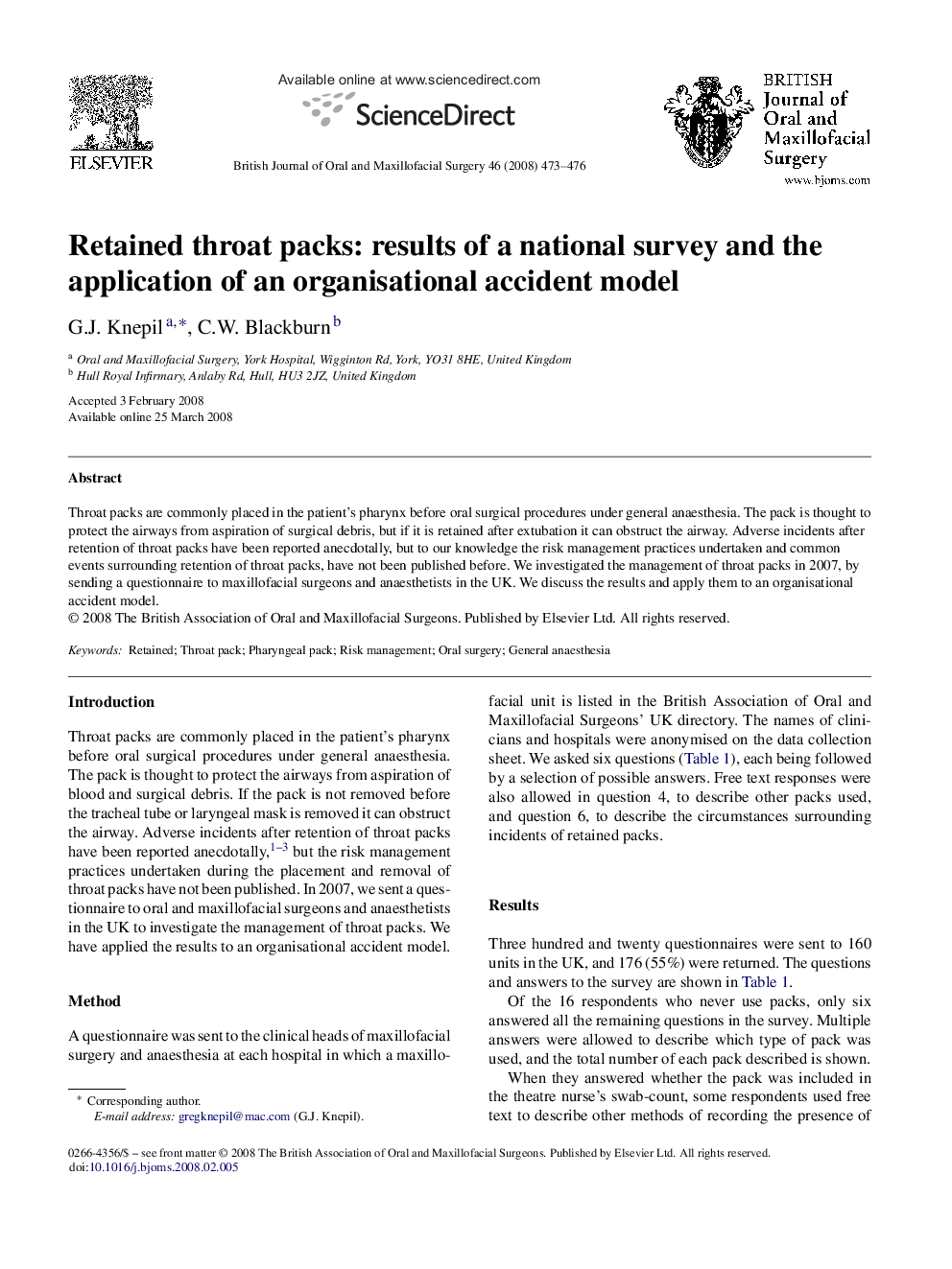 Retained throat packs: results of a national survey and the application of an organisational accident model