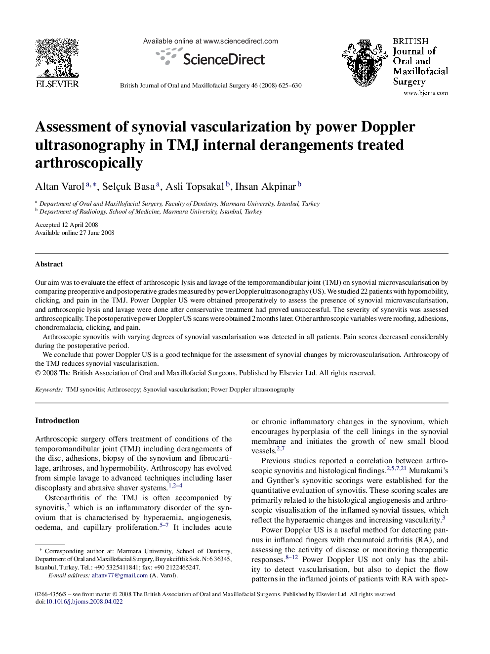 Assessment of synovial vascularization by power Doppler ultrasonography in TMJ internal derangements treated arthroscopically