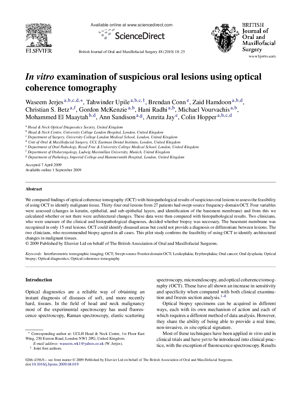 In vitro examination of suspicious oral lesions using optical coherence tomography