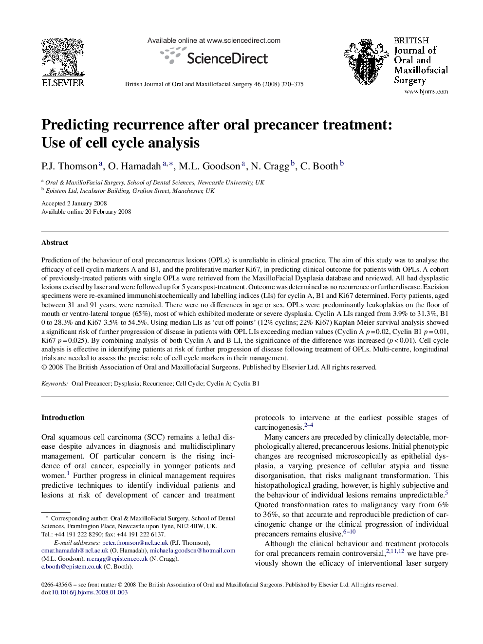 Predicting recurrence after oral precancer treatment: Use of cell cycle analysis