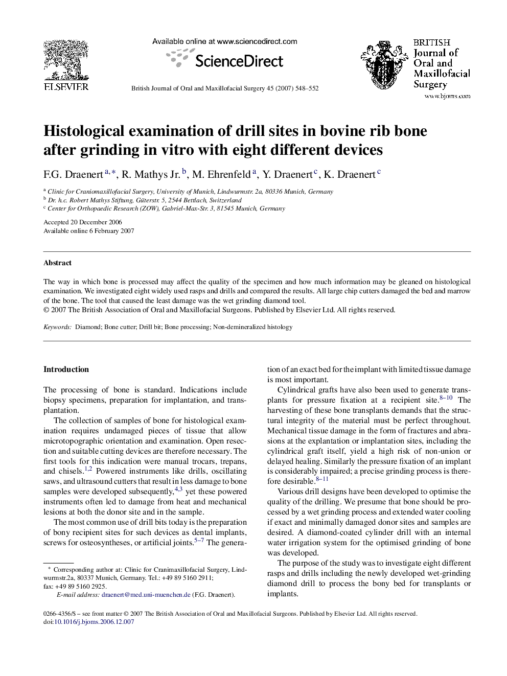 Histological examination of drill sites in bovine rib bone after grinding in vitro with eight different devices