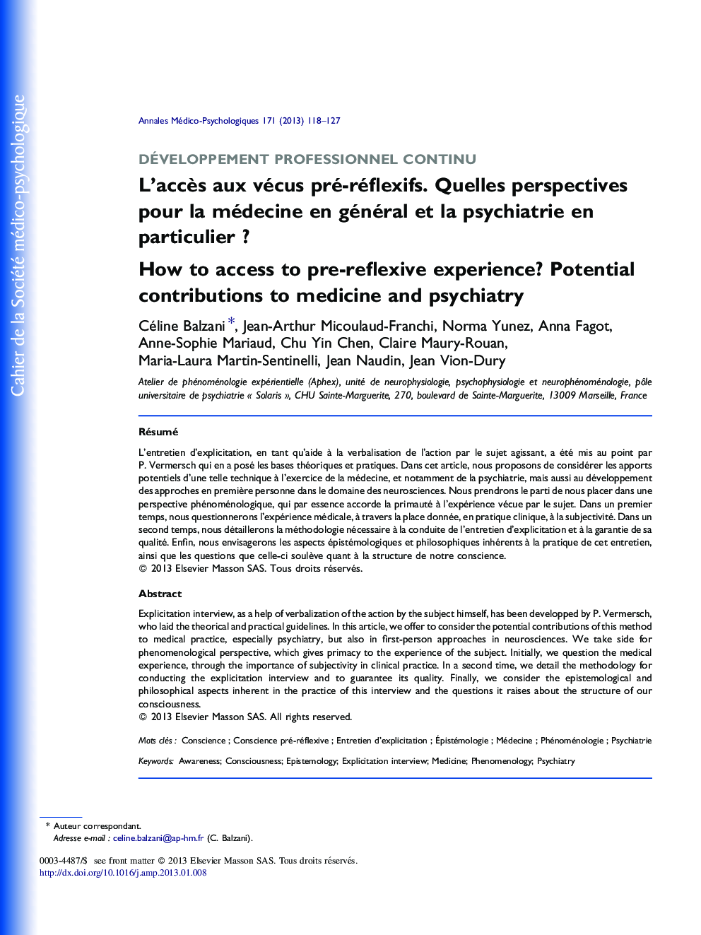 L’accès aux vécus pré-réflexifs. Quelles perspectives pour la médecine en général et la psychiatrie en particulier ?