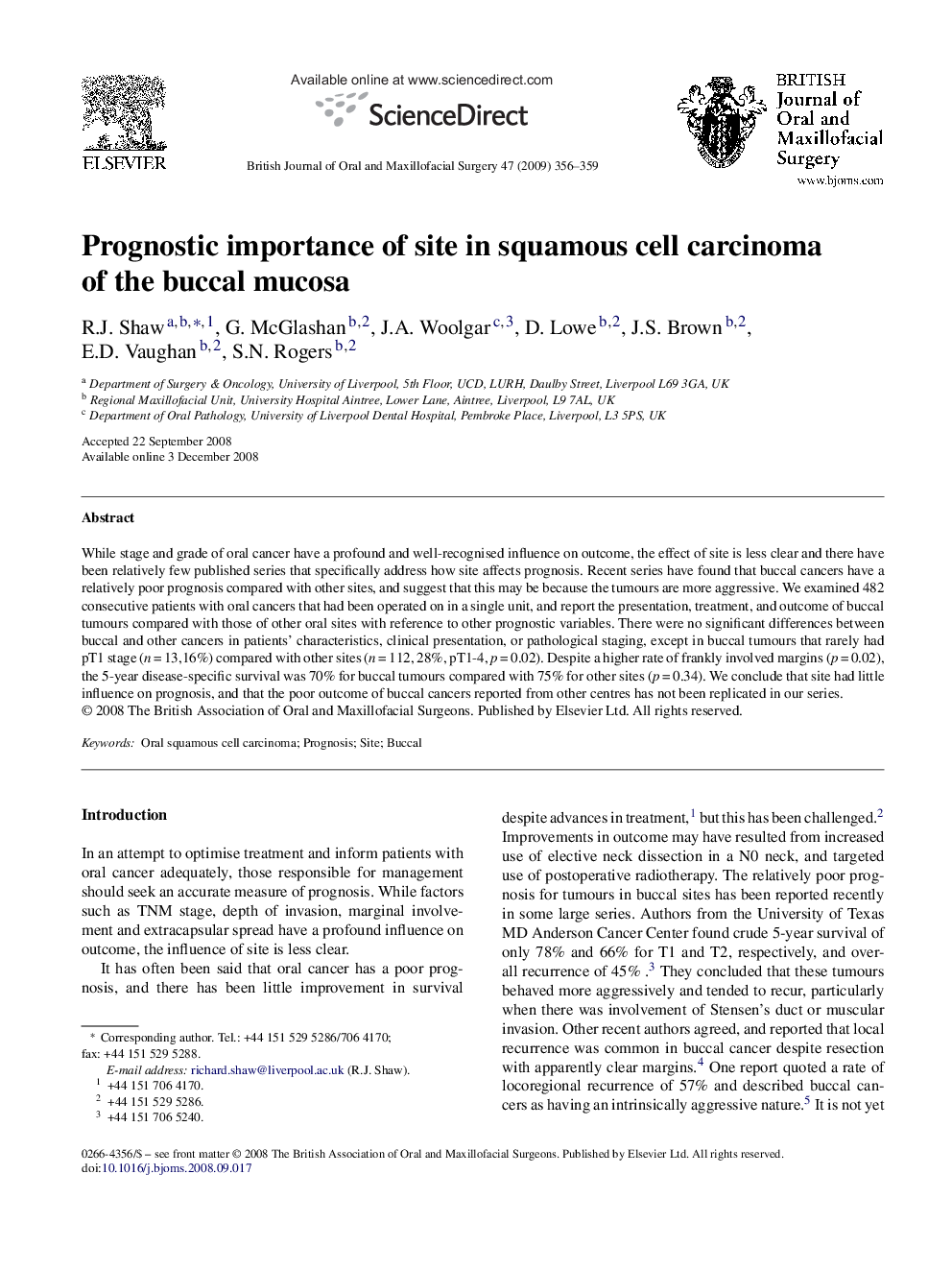 Prognostic importance of site in squamous cell carcinoma of the buccal mucosa