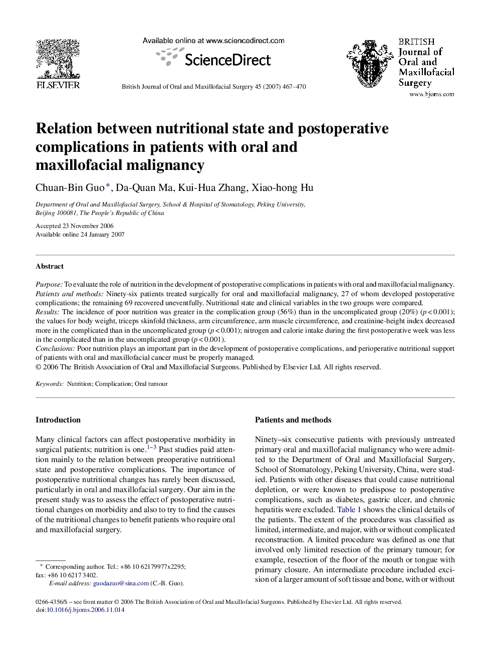 Relation between nutritional state and postoperative complications in patients with oral and maxillofacial malignancy