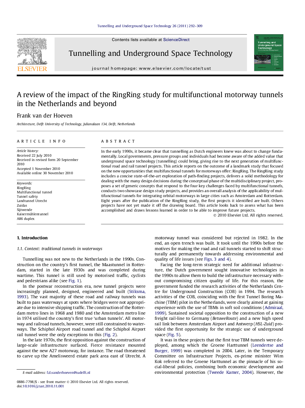 A review of the impact of the RingRing study for multifunctional motorway tunnels in the Netherlands and beyond