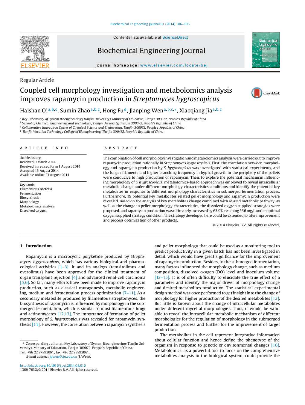 Coupled cell morphology investigation and metabolomics analysis improves rapamycin production in Streptomyces hygroscopicus