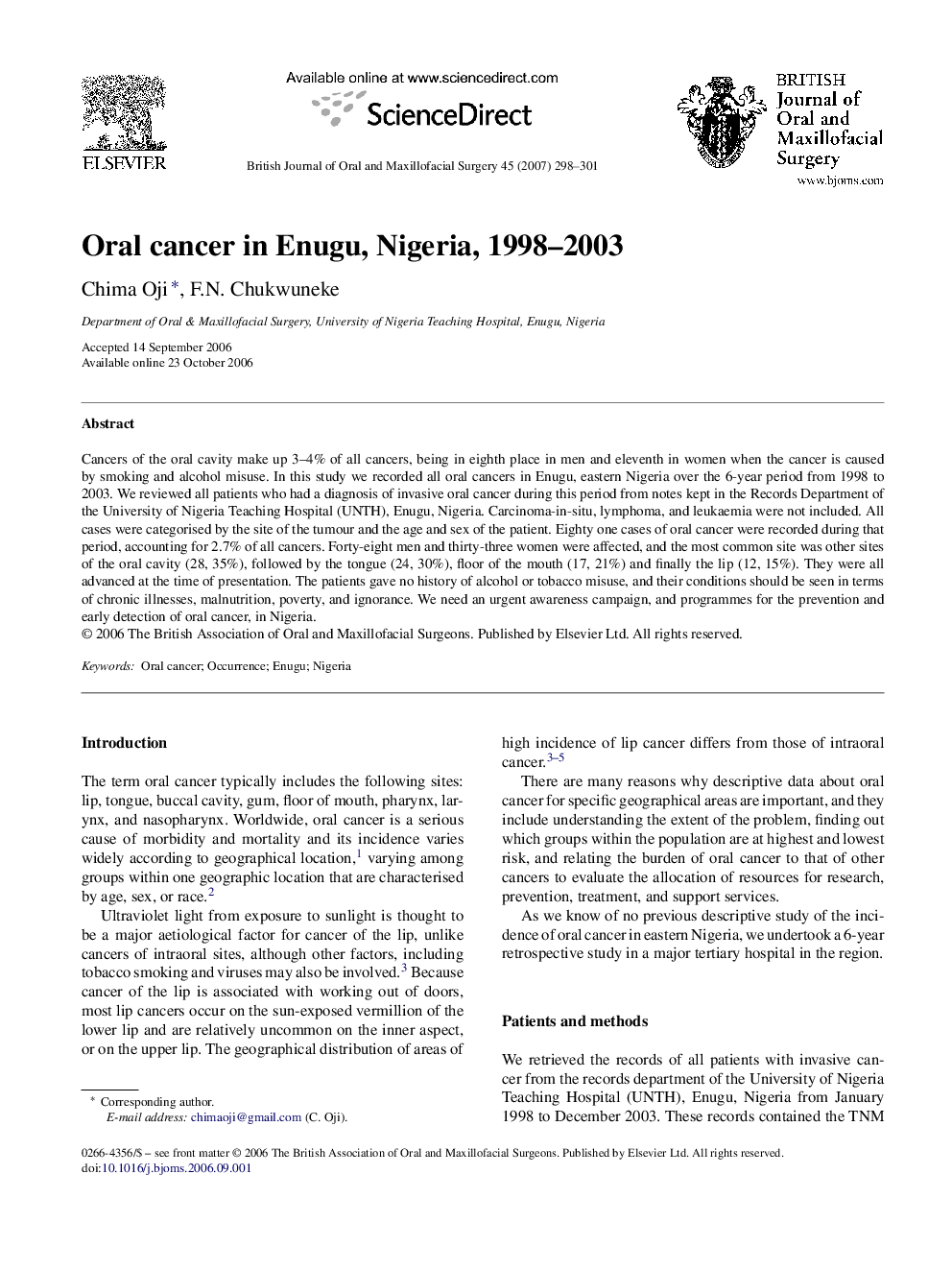 Oral cancer in Enugu, Nigeria, 1998–2003