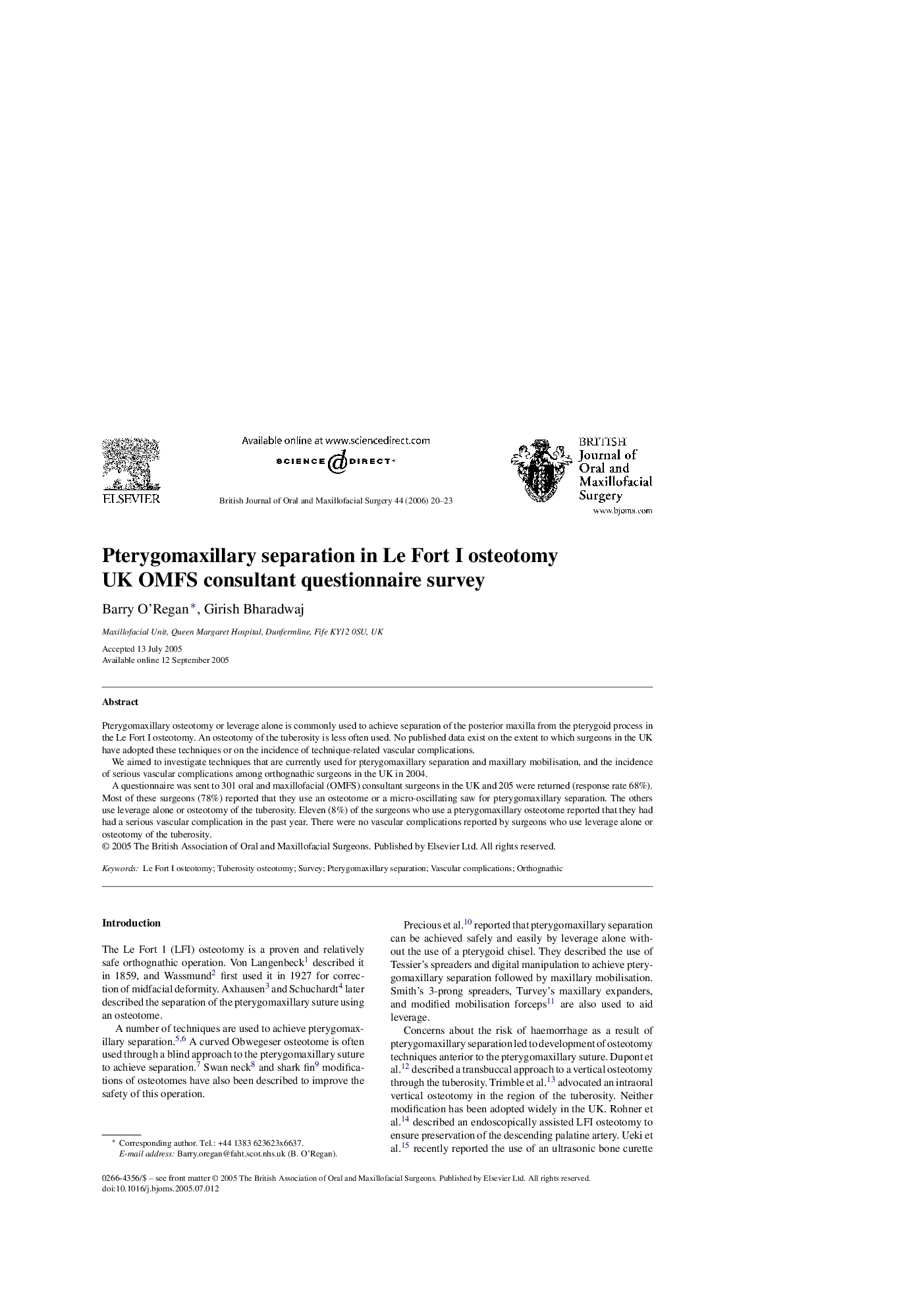Pterygomaxillary separation in Le Fort I osteotomy UK OMFS consultant questionnaire survey