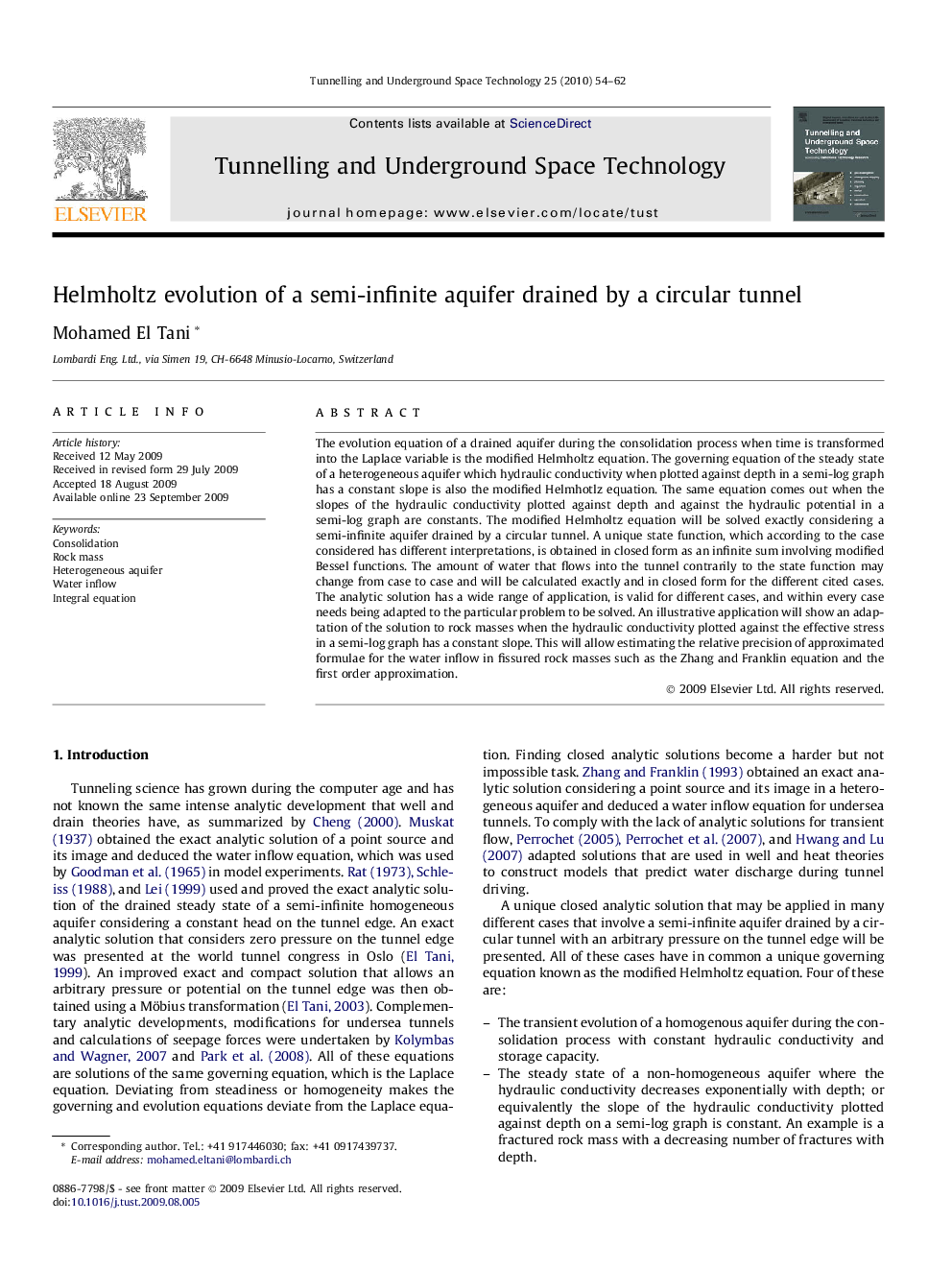 Helmholtz evolution of a semi-infinite aquifer drained by a circular tunnel