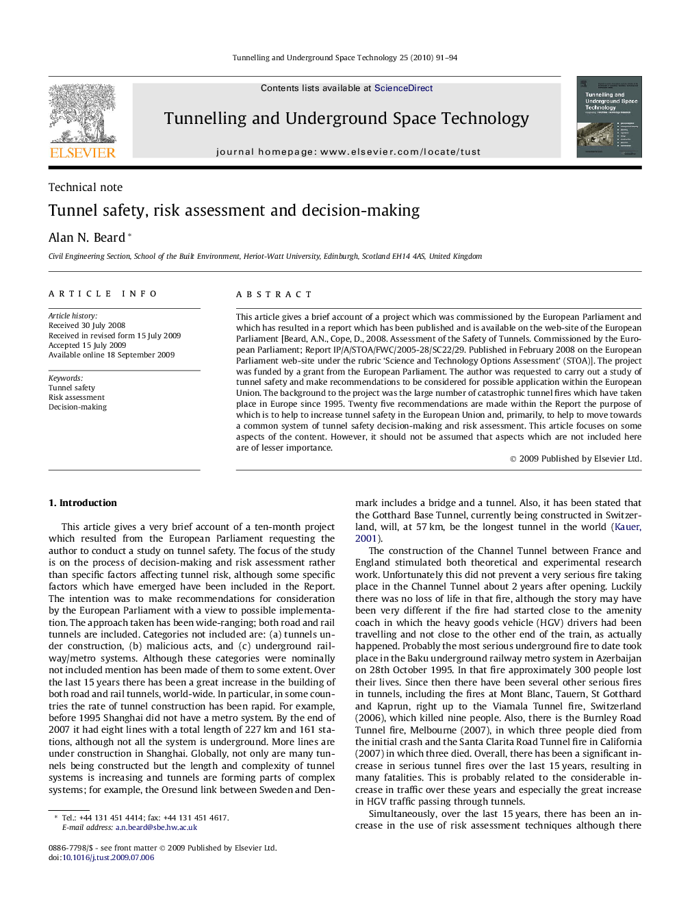 Tunnel safety, risk assessment and decision-making