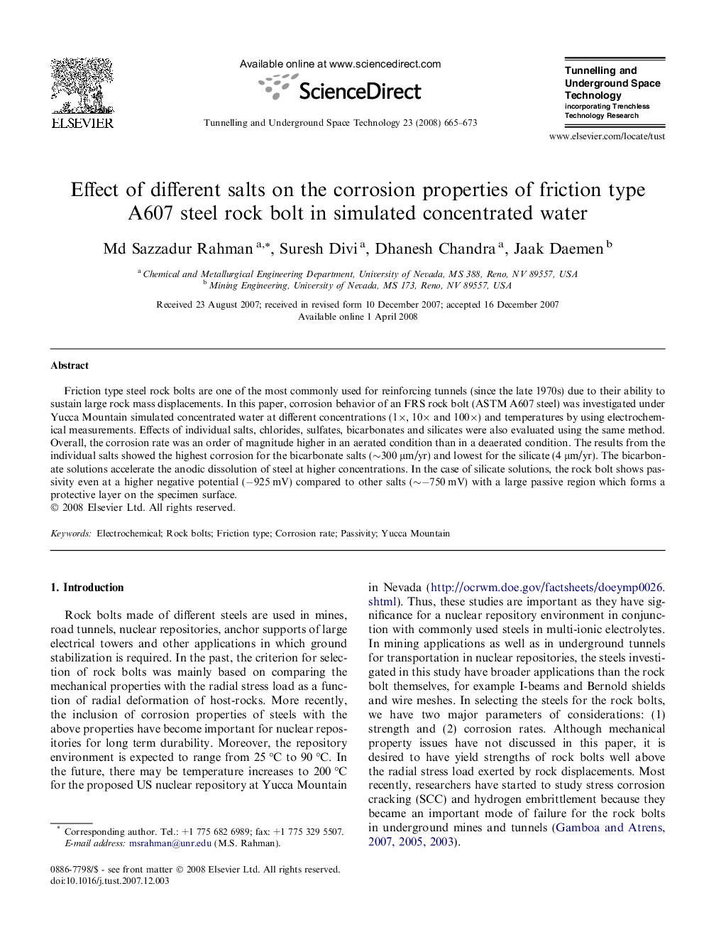 Effect of different salts on the corrosion properties of friction type A607 steel rock bolt in simulated concentrated water