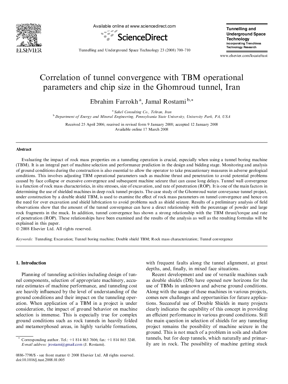 Correlation of tunnel convergence with TBM operational parameters and chip size in the Ghomroud tunnel, Iran