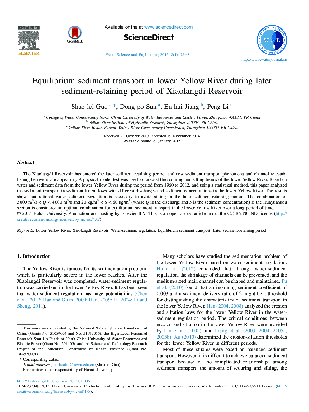 Equilibrium sediment transport in lower Yellow River during later sediment-retaining period of Xiaolangdi Reservoir 