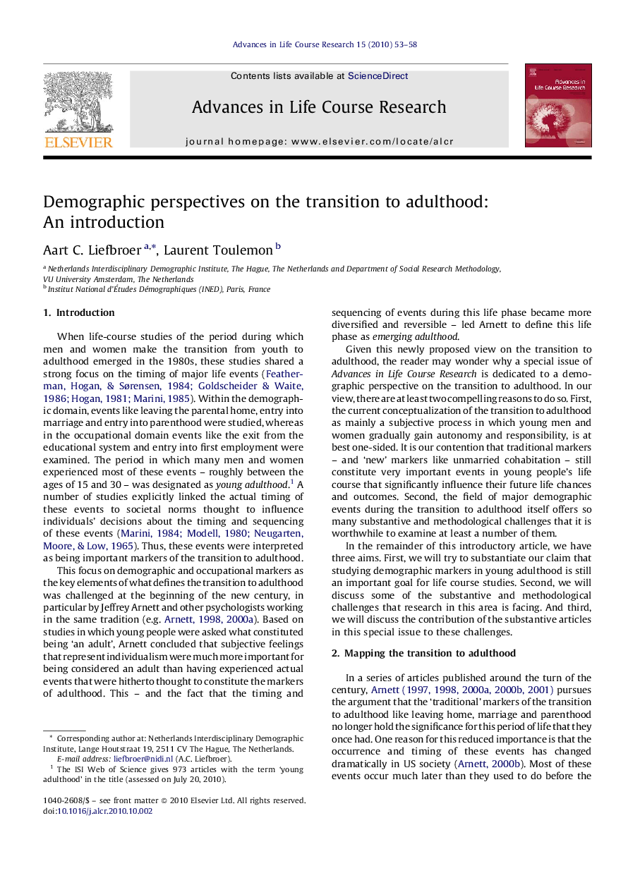 Demographic perspectives on the transition to adulthood: An introduction