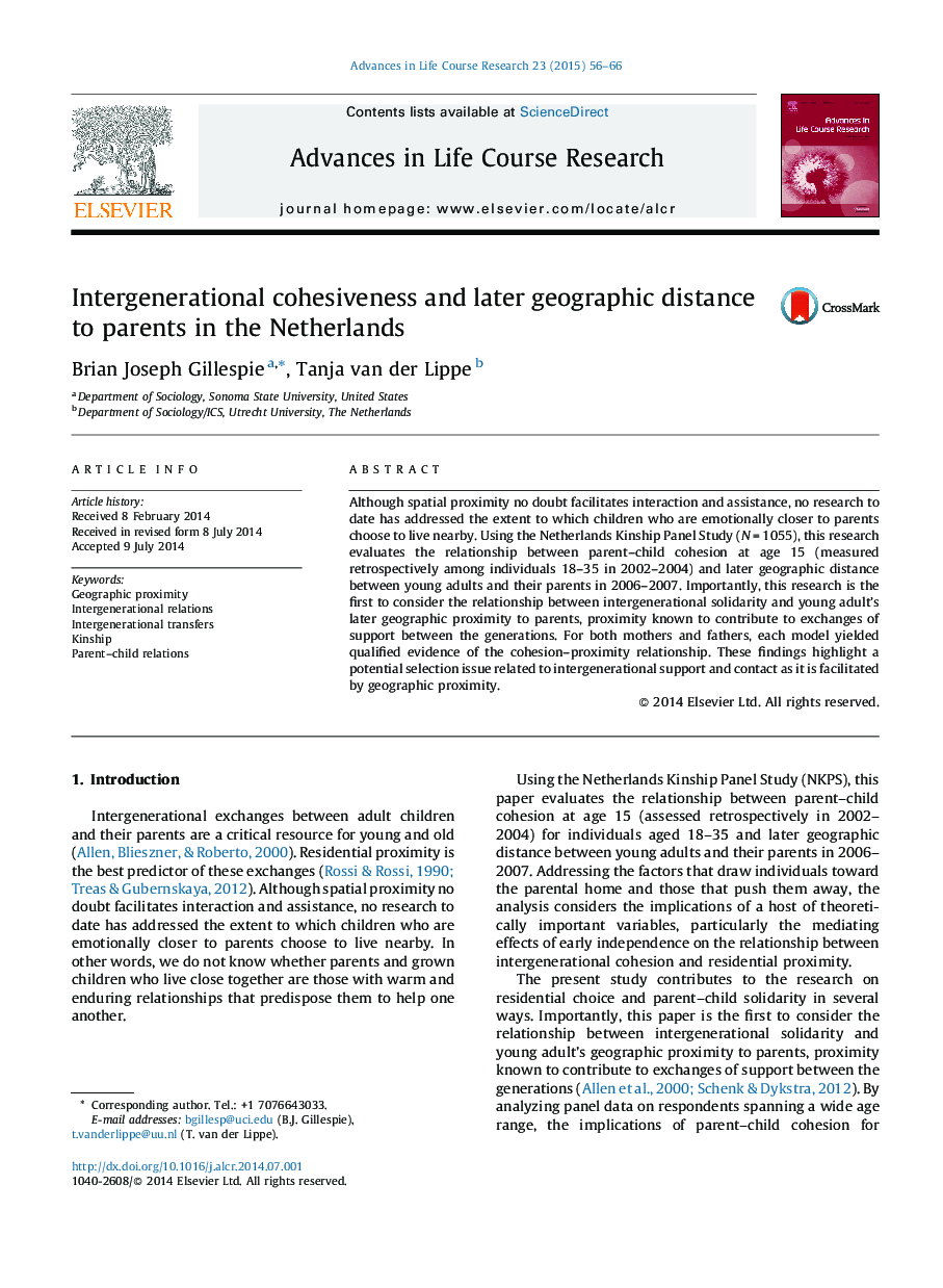 Intergenerational cohesiveness and later geographic distance to parents in the Netherlands