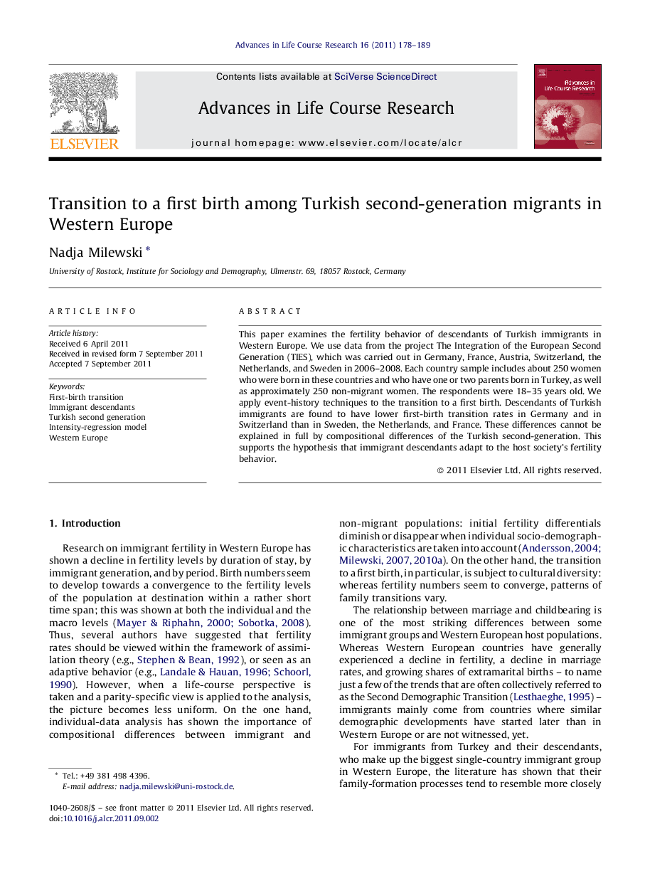 Transition to a first birth among Turkish second-generation migrants in Western Europe