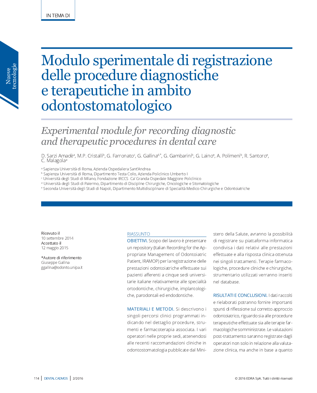 Modulo sperimentale di registrazione delle procedure diagnostiche e terapeutiche in ambito odontostomatologico