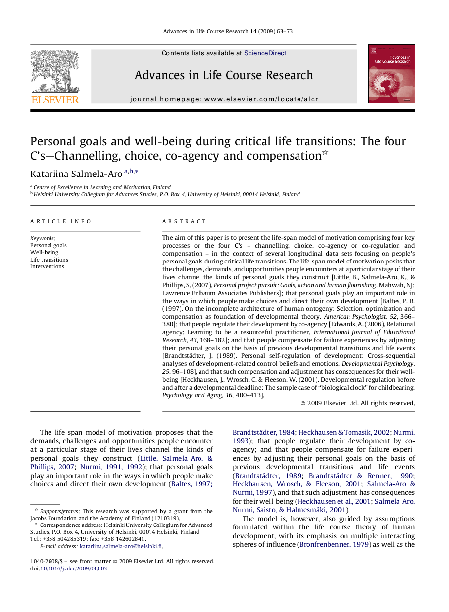 Personal goals and well-being during critical life transitions: The four C's—Channelling, choice, co-agency and compensation 