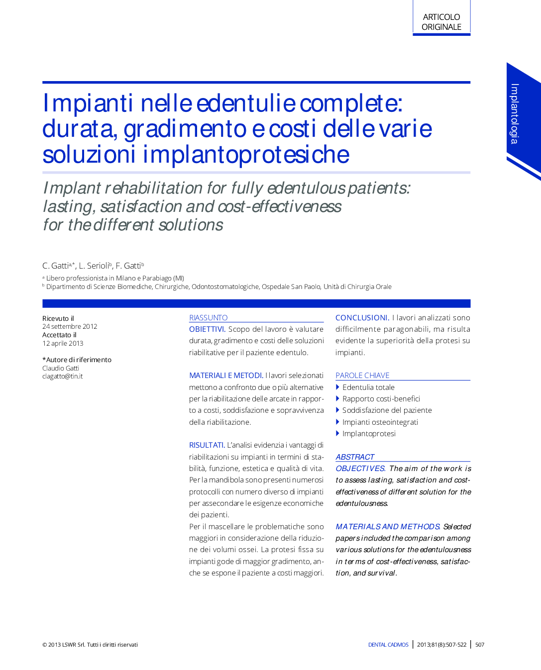 Impianti nelle edentulie complete: durata, gradimento e costi delle varie soluzioni implantoprotesiche