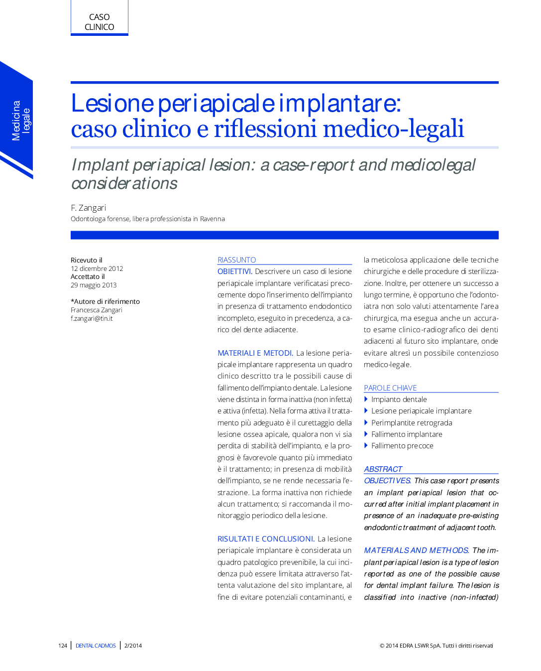 Lesione periapicale implantare: caso clinico e riflessioni medico-legali