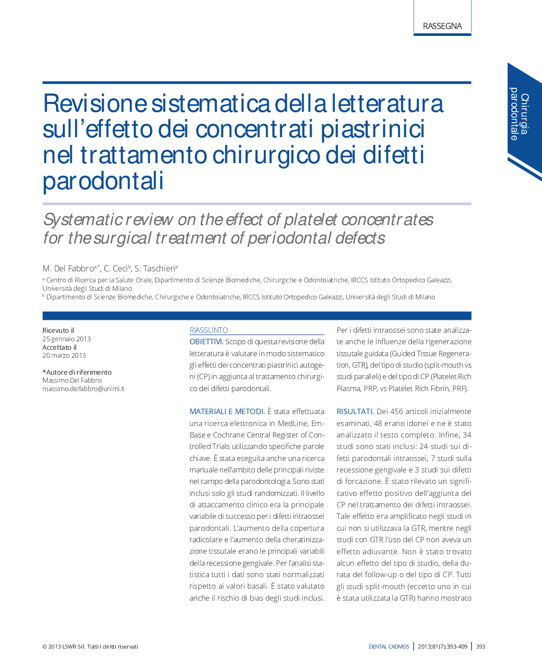 Revisione sistematica della letteratura sull'effetto dei concentrati piastrinici nel trattamento chirurgico dei difetti parodontali