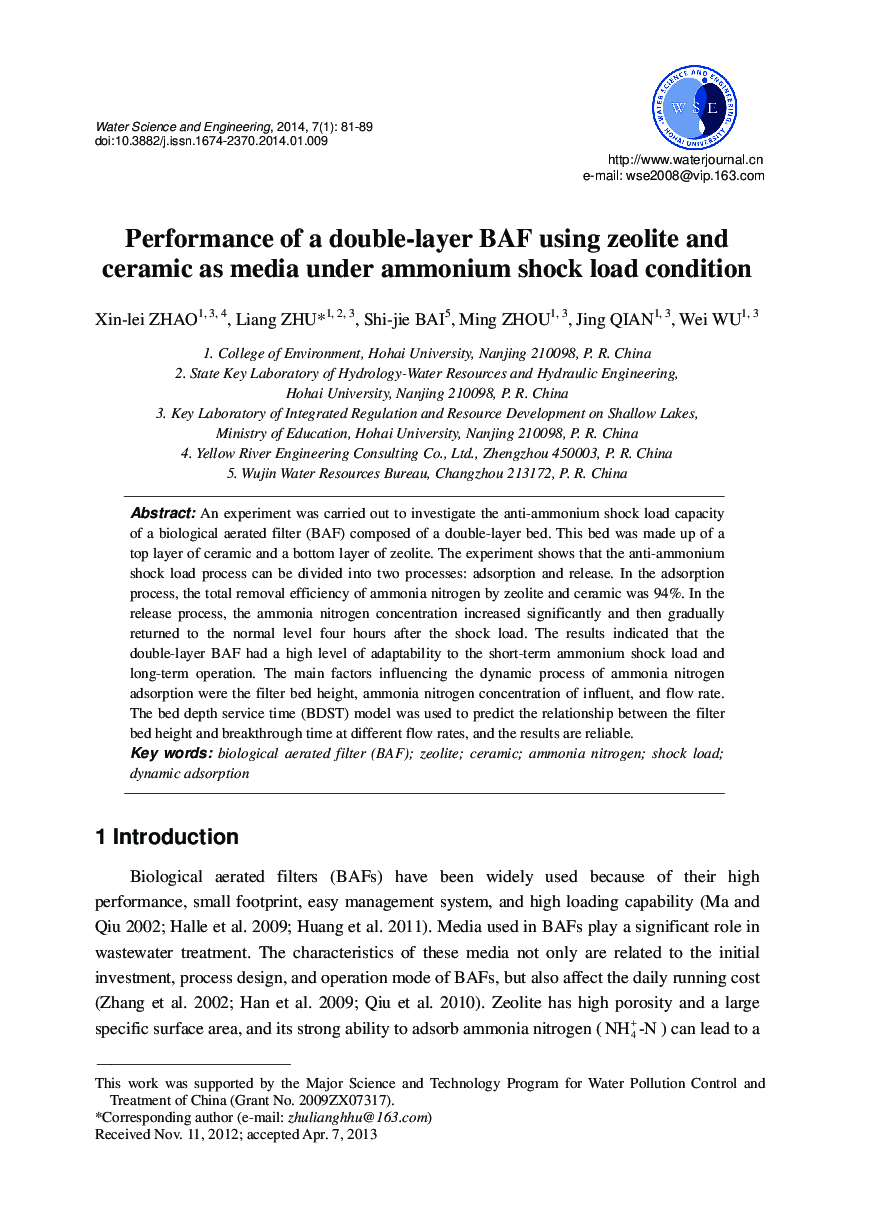 Performance of a double-layer BAF using zeolite and ceramic as media under ammonium shock load condition 