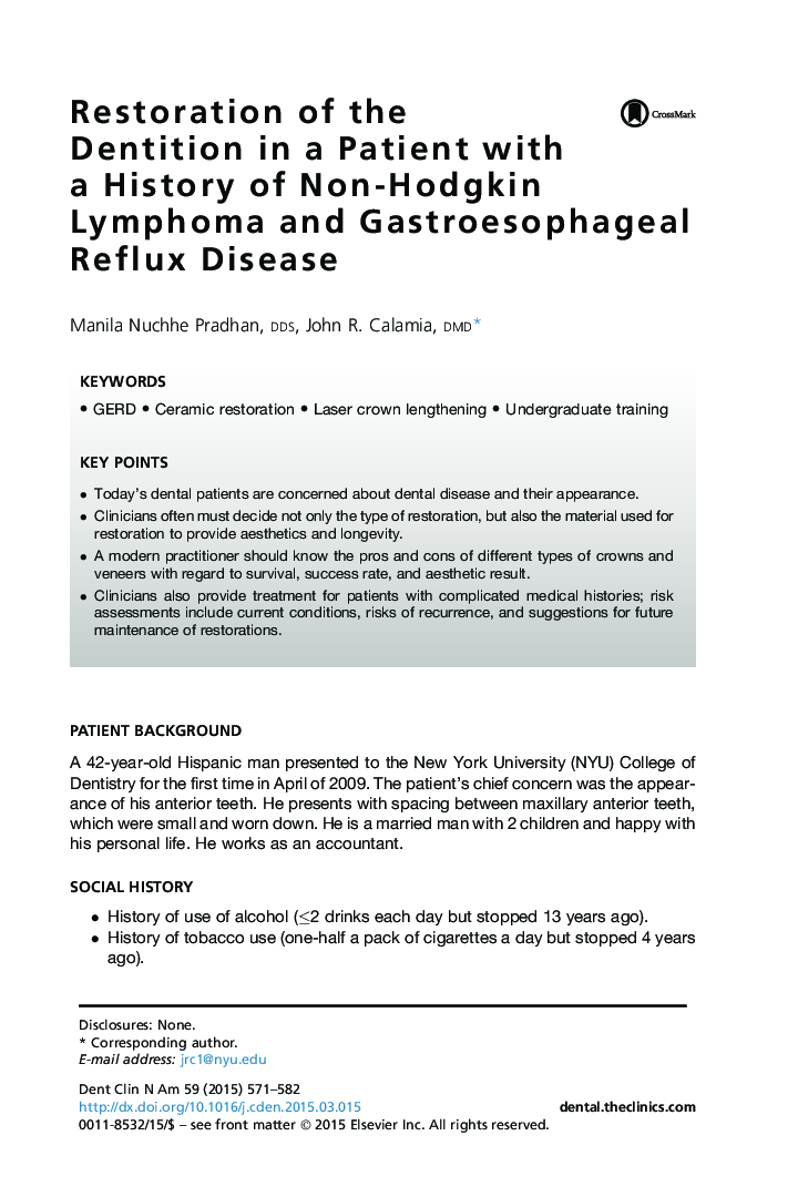 Restoration of the Dentition in a Patient with a History of Non-Hodgkin Lymphoma and Gastroesophageal Reflux Disease