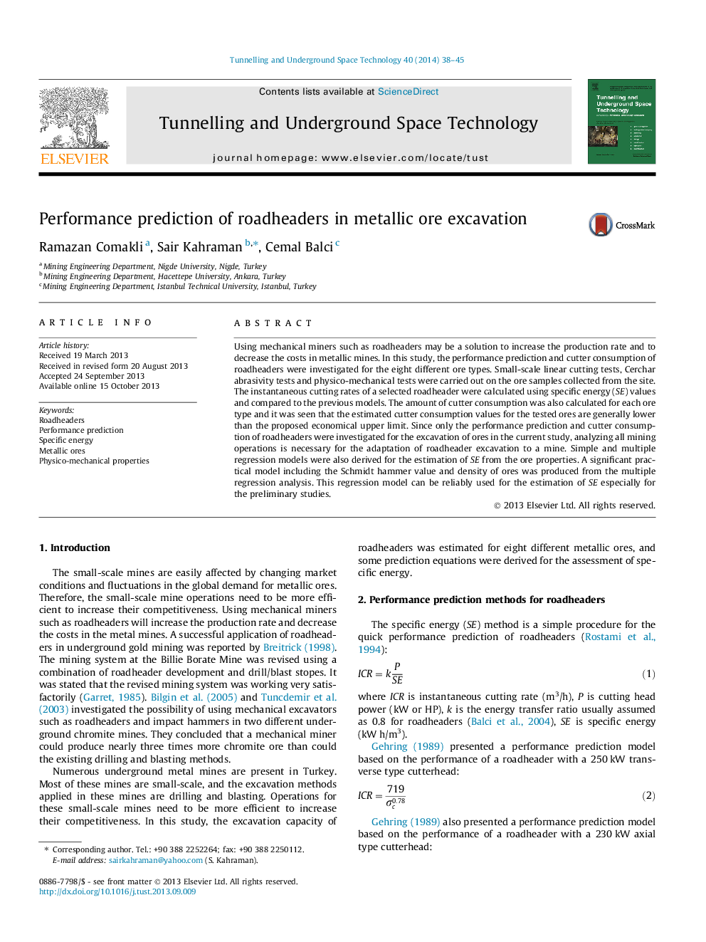 Performance prediction of roadheaders in metallic ore excavation