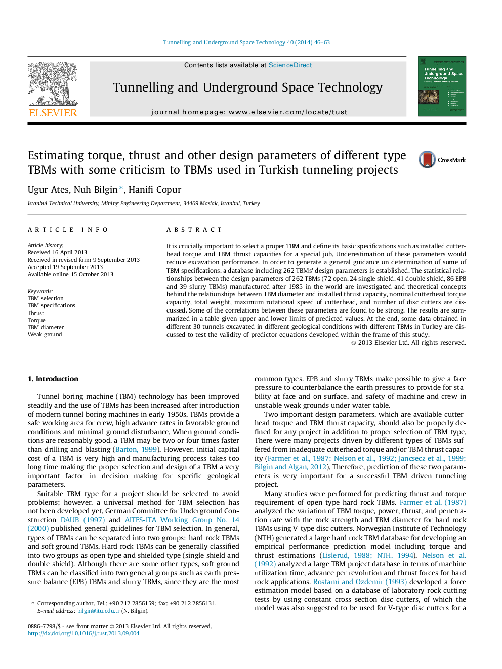 Estimating torque, thrust and other design parameters of different type TBMs with some criticism to TBMs used in Turkish tunneling projects