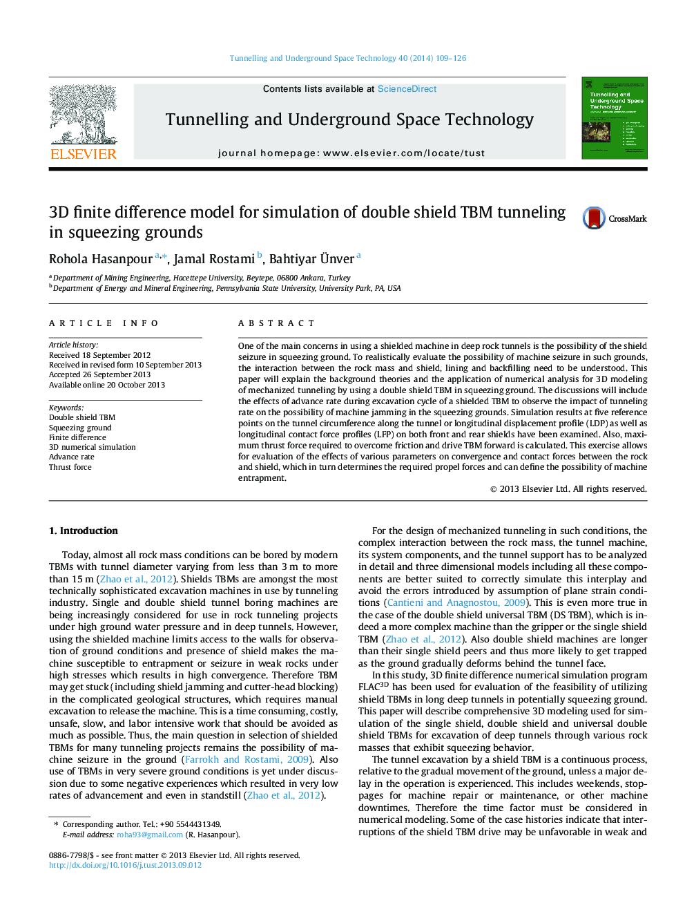 3D finite difference model for simulation of double shield TBM tunneling in squeezing grounds