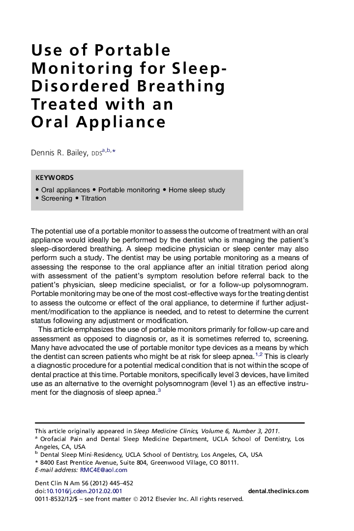 Use of Portable Monitoring for Sleep-Disordered Breathing Treated with an Oral Appliance