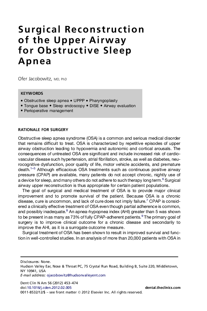 Surgical Reconstruction of the Upper Airway for Obstructive Sleep Apnea