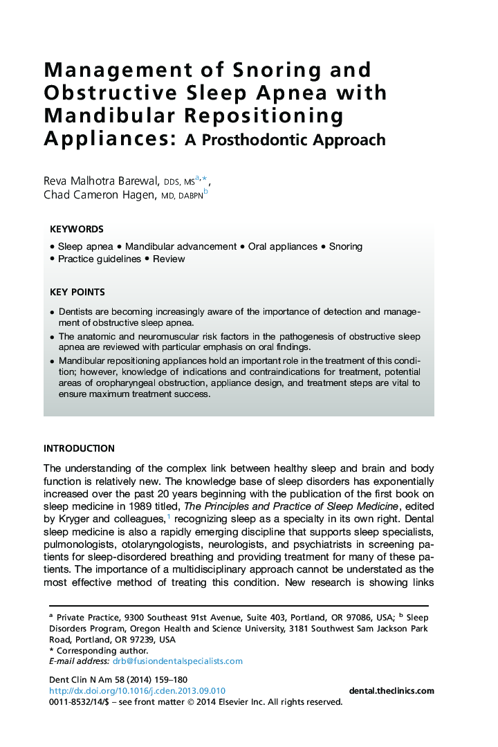 Management of Snoring and Obstructive Sleep Apnea with Mandibular Repositioning Appliances