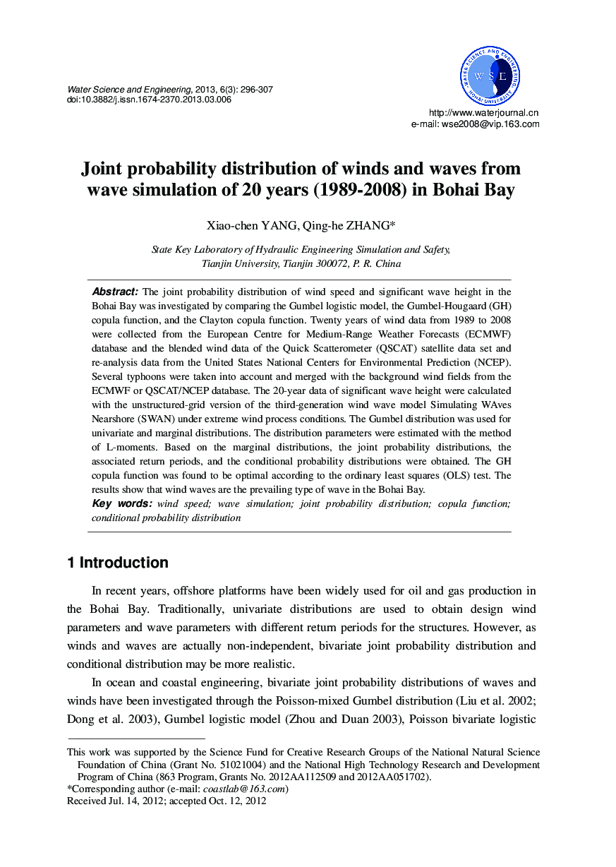 Joint probability distribution of winds and waves from wave simulation of 20 years (1989-2008) in Bohai Bay 