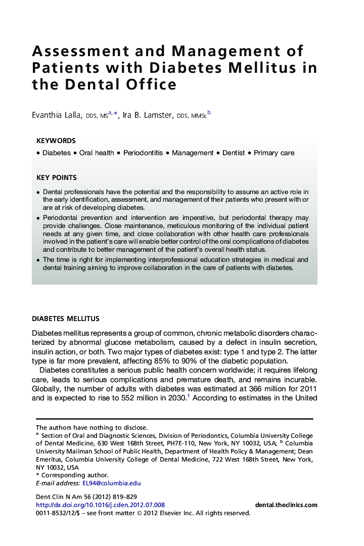 Assessment and Management of Patients with Diabetes Mellitus in the Dental Office