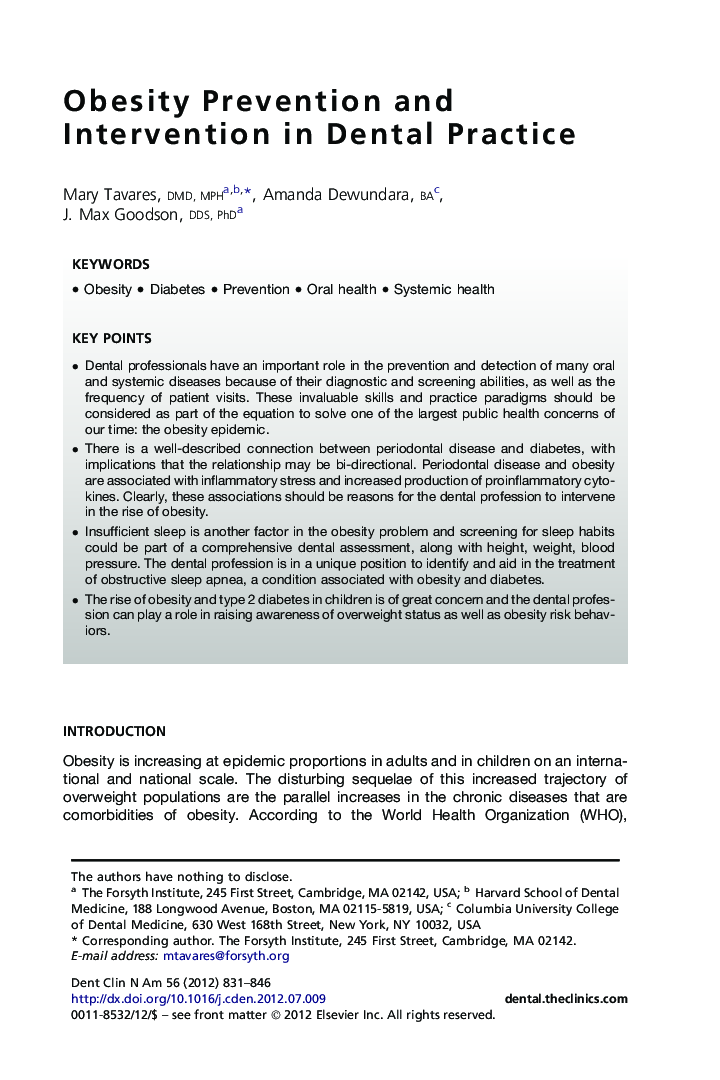 Obesity Prevention and Intervention in Dental Practice