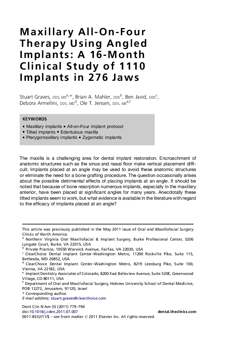 Maxillary All-On-Four Therapy Using Angled Implants: A 16-Month Clinical Study of 1110 Implants in 276 Jaws