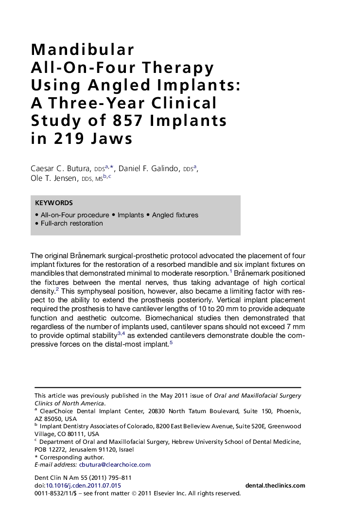 Mandibular All-On-Four Therapy Using Angled Implants: A Three-Year Clinical Study of 857 Implants in 219 Jaws