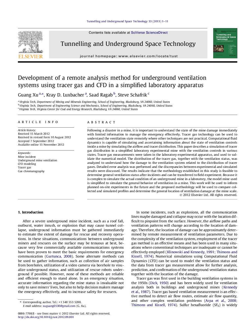 Development of a remote analysis method for underground ventilation systems using tracer gas and CFD in a simplified laboratory apparatus