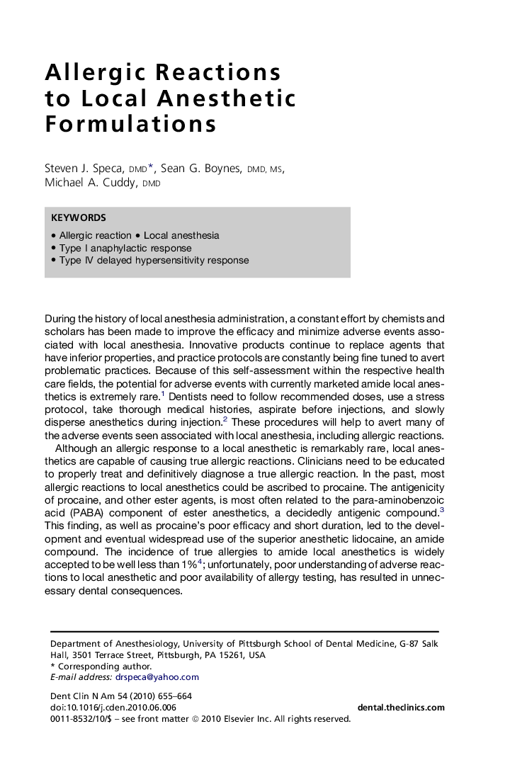 Allergic Reactions to Local Anesthetic Formulations