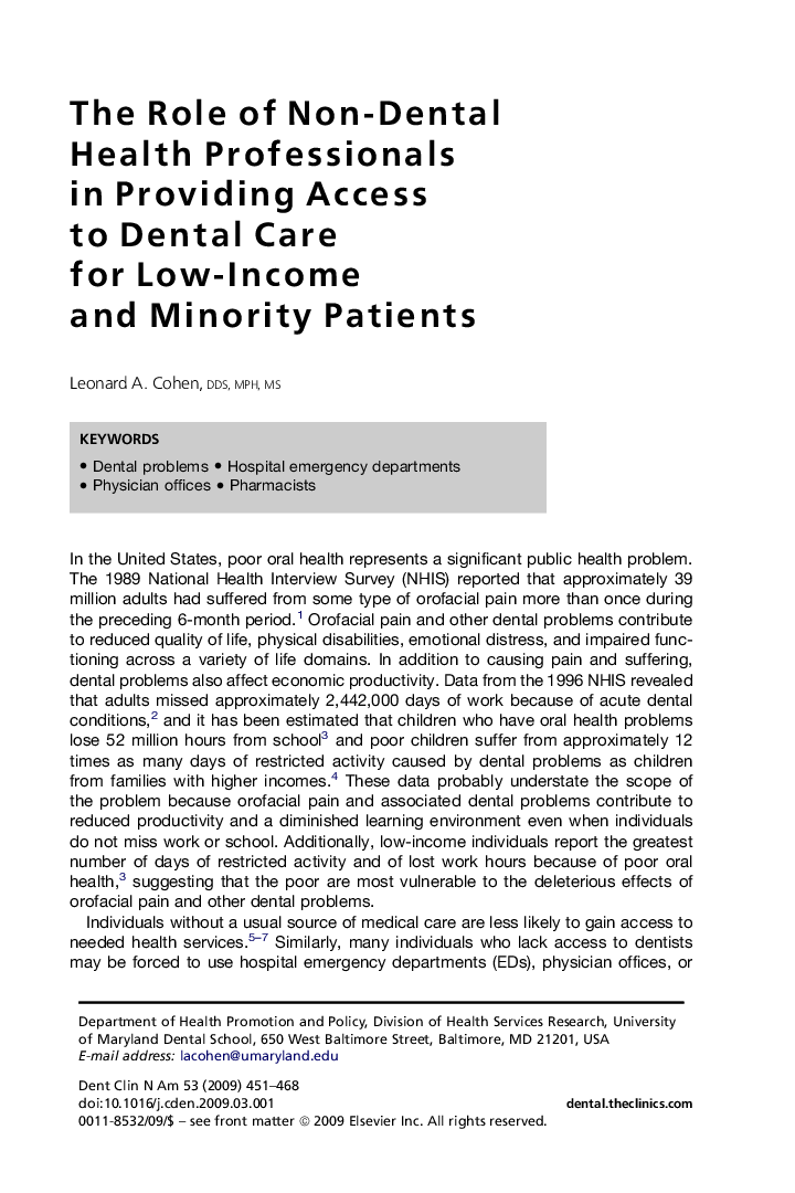 The Role of Non-Dental Health Professionals in Providing Access to Dental Care for Low-Income and Minority Patients