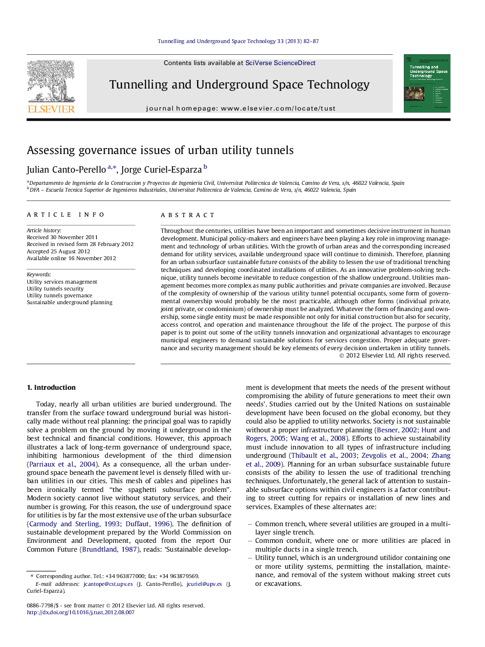 Assessing governance issues of urban utility tunnels