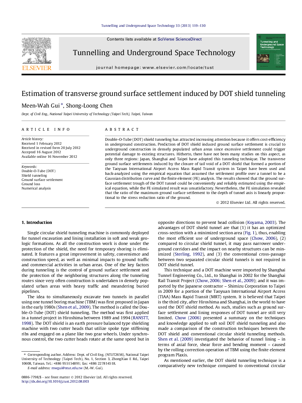 Estimation of transverse ground surface settlement induced by DOT shield tunneling