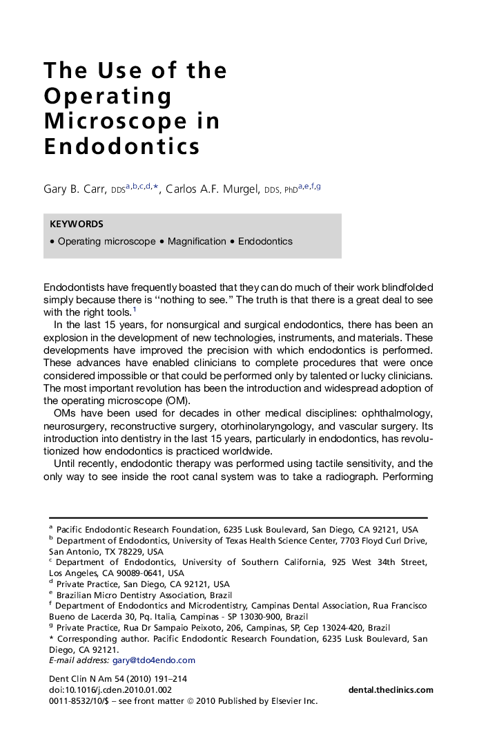 The Use of the Operating Microscope in Endodontics